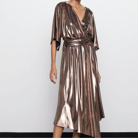 Zara Metallic Bronze Wrap Dress - Picture 1 of 9